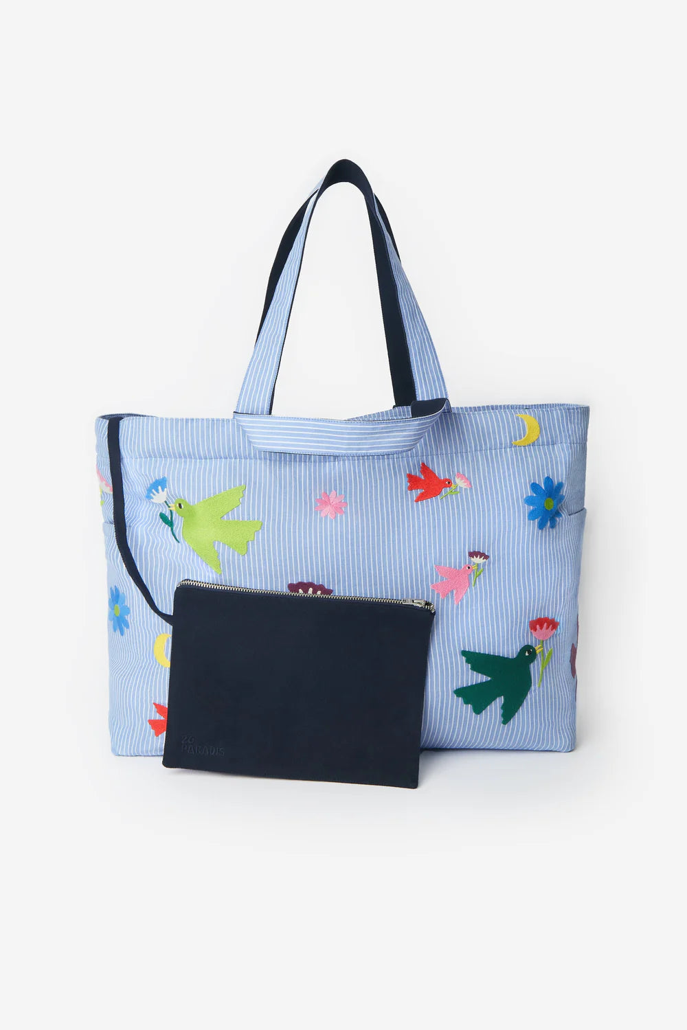 26 PARADIS Wickeltasche – bestickte Baumwolle – Mehrfarbige Vögel
