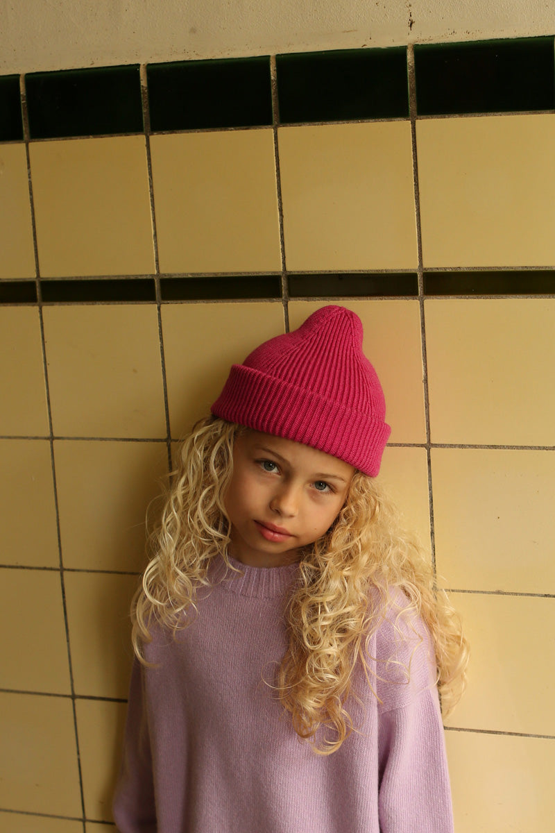 Hvid beanie Fonzie kids - Fuchsia