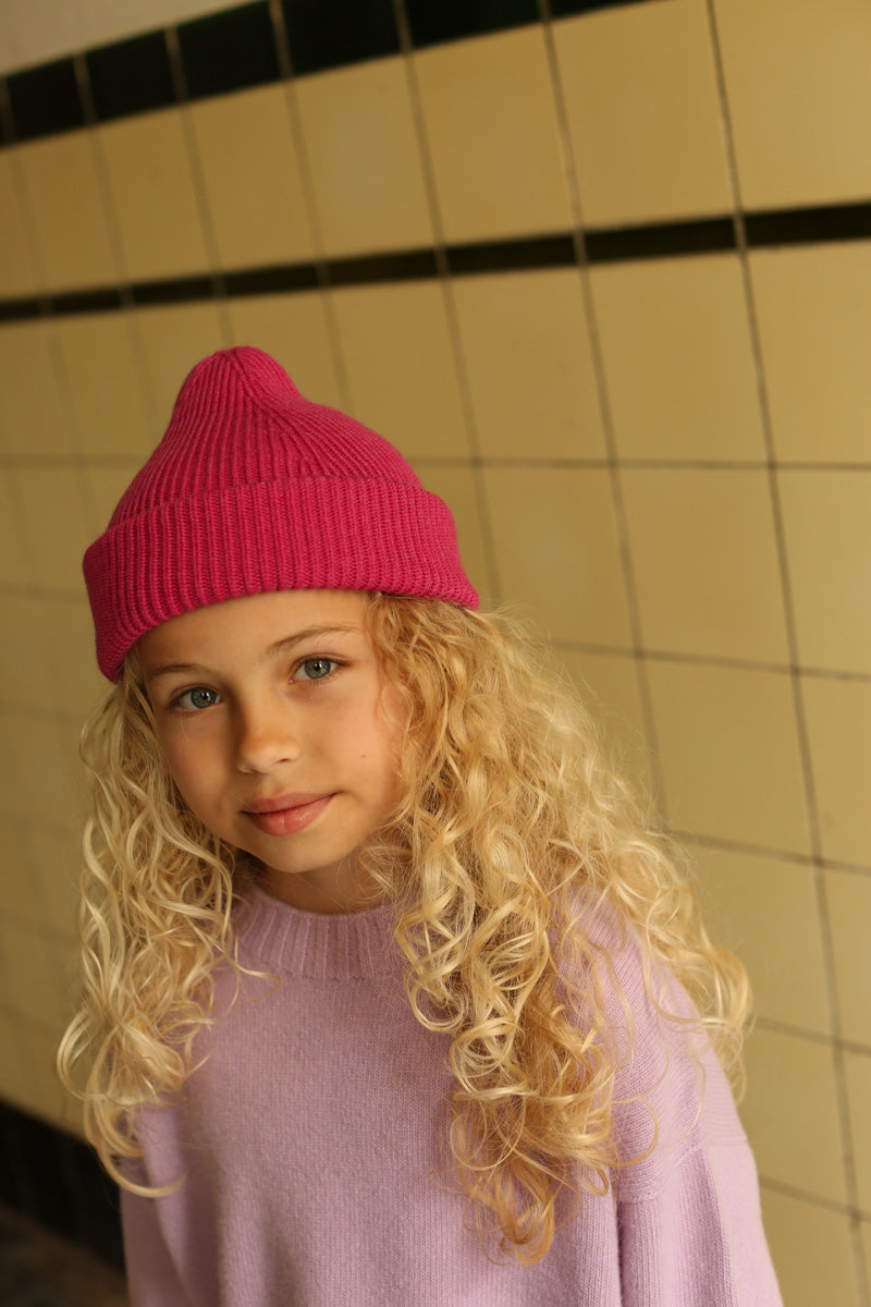 Hvid beanie Fonzie kids - Fuchsia