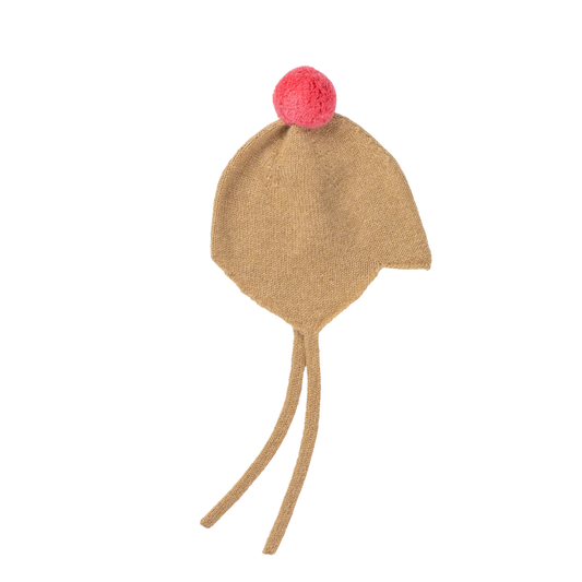 Rosie Sugden kasjmier strikmutsje met pom-pom - Camel / Blusher