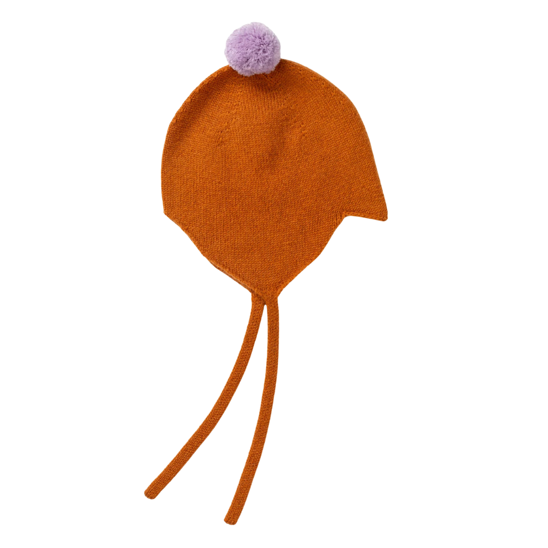 Rosie Sugden kasjmier strikmutsje met pom-pom - Ginger / Lupin