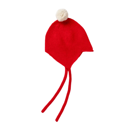 Rosie Sugden kasjmier strikmutsje met pom-pom - Festive Red / White