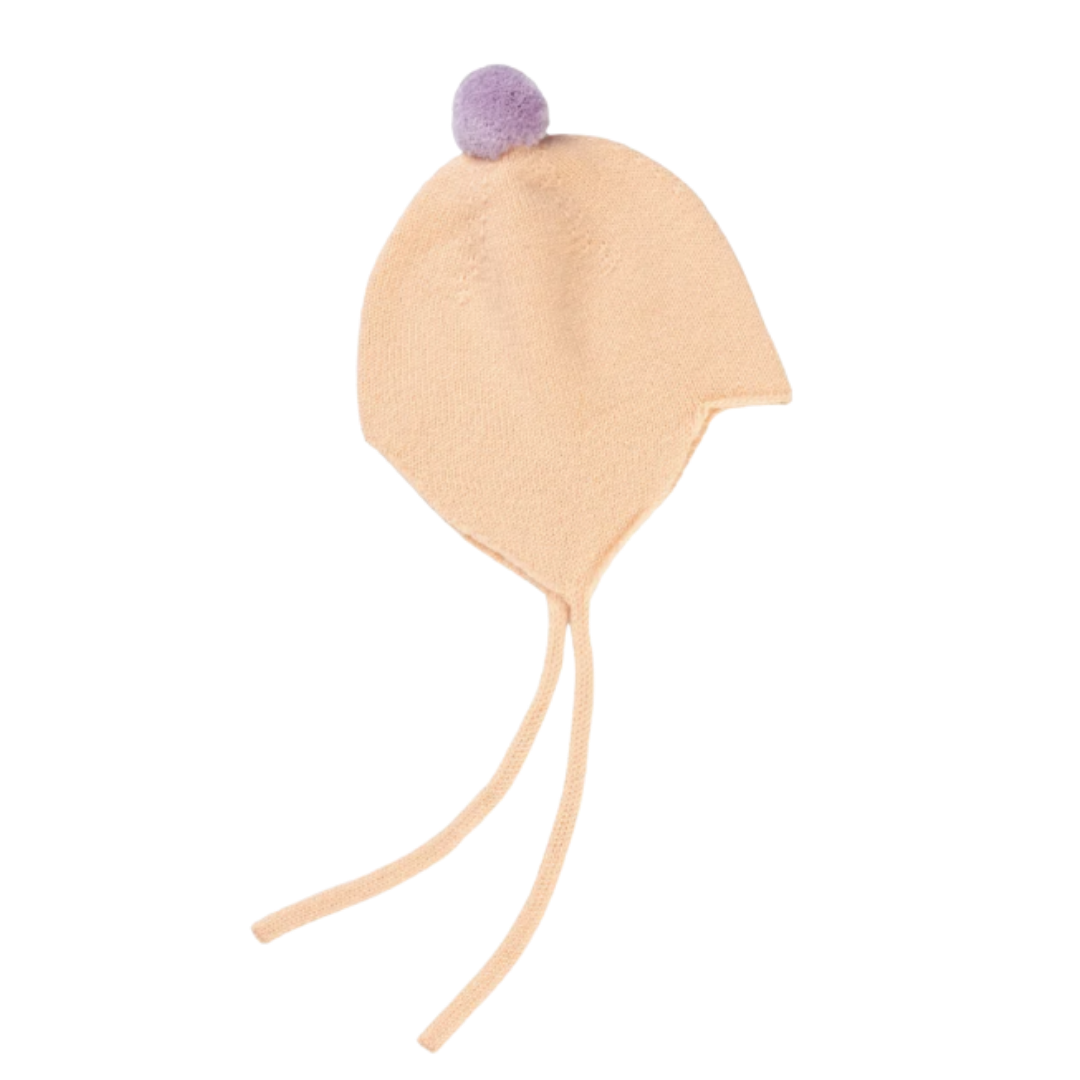 Rosie Sugden kasjmier strikmutsje met pom-pom - Peach / Lupin