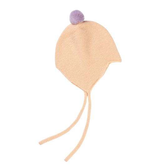 Rosie Sugden kasjmier strikmutsje met pom-pom - Peach / Lupin