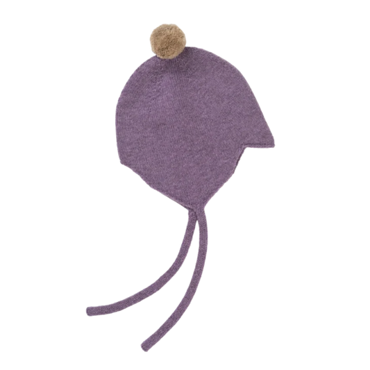 Rosie Sugden kasjmier strikmutsje met pom-pom - Purple Rain / Stoneage