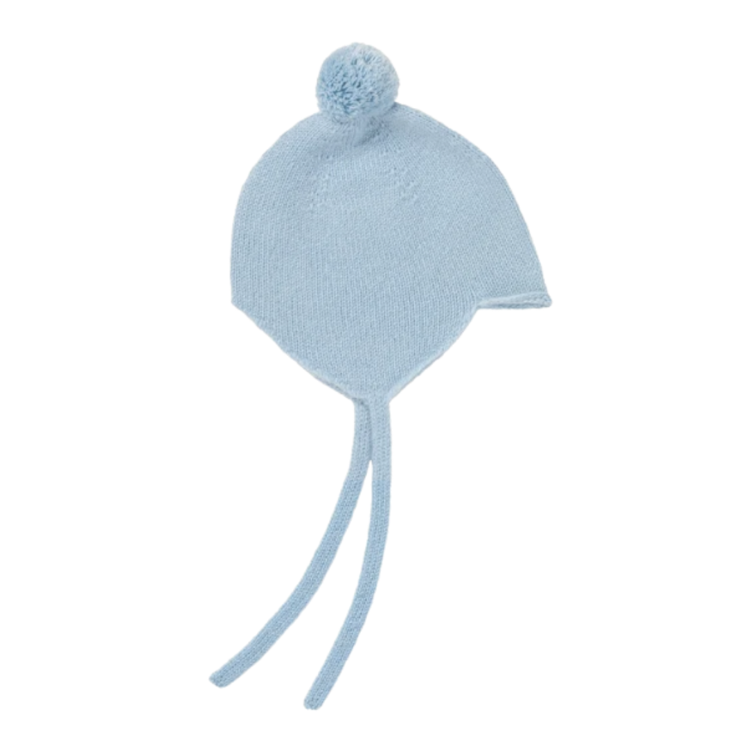 Rosie Sugden kasjmier strikmutsje met pom-pom - Spa Blue