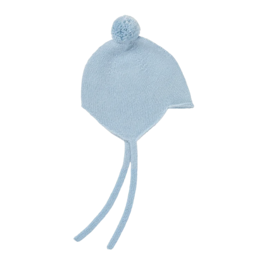 Rosie Sugden kasjmier strikmutsje met pom-pom - Spa Blue